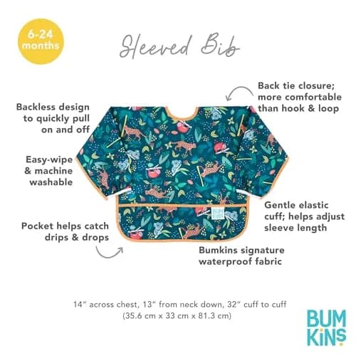 Bumkins Sleeved Bib for Babies 6-24 Months | Waterproof Fabric with Crumb Catcher Pocket, Jungle Print thumbnail 5