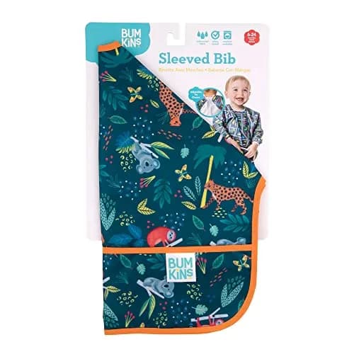 Bumkins Sleeved Bib for Babies 6-24 Months | Waterproof Fabric with Crumb Catcher Pocket, Jungle Print thumbnail 6