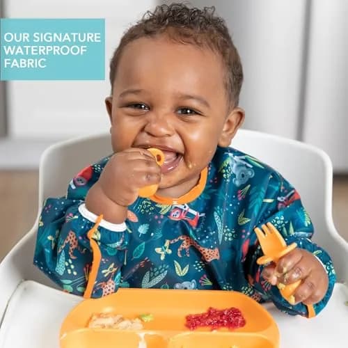 Bumkins Sleeved Bib for Babies 6-24 Months | Waterproof Fabric with Crumb Catcher Pocket, Jungle Print thumbnail 3