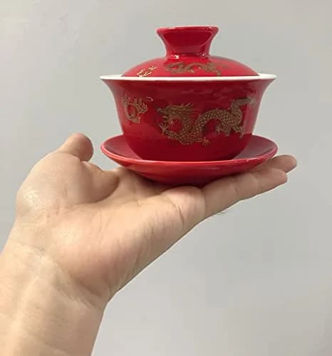 YBK Tech Ceramic Kung Fu Teacup, Chinese Gaiwan-Dragon (Red, Slightly Bigger) | Traditional Chinese Tea Cup with Lid & Saucer thumbnail 2