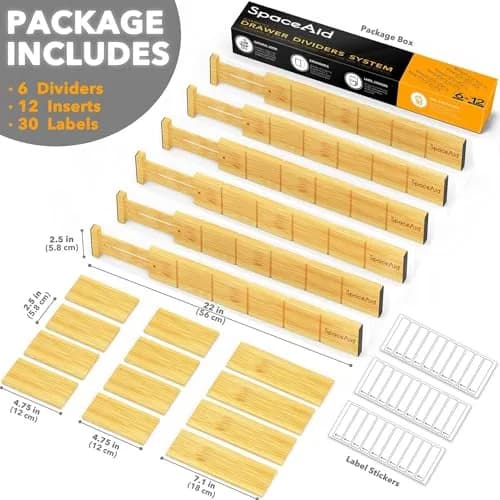 SpaceAid Bamboo Drawer Dividers with Inserts & Labels | Adjustable Expandable Organizer (17-22 in) thumbnail 2