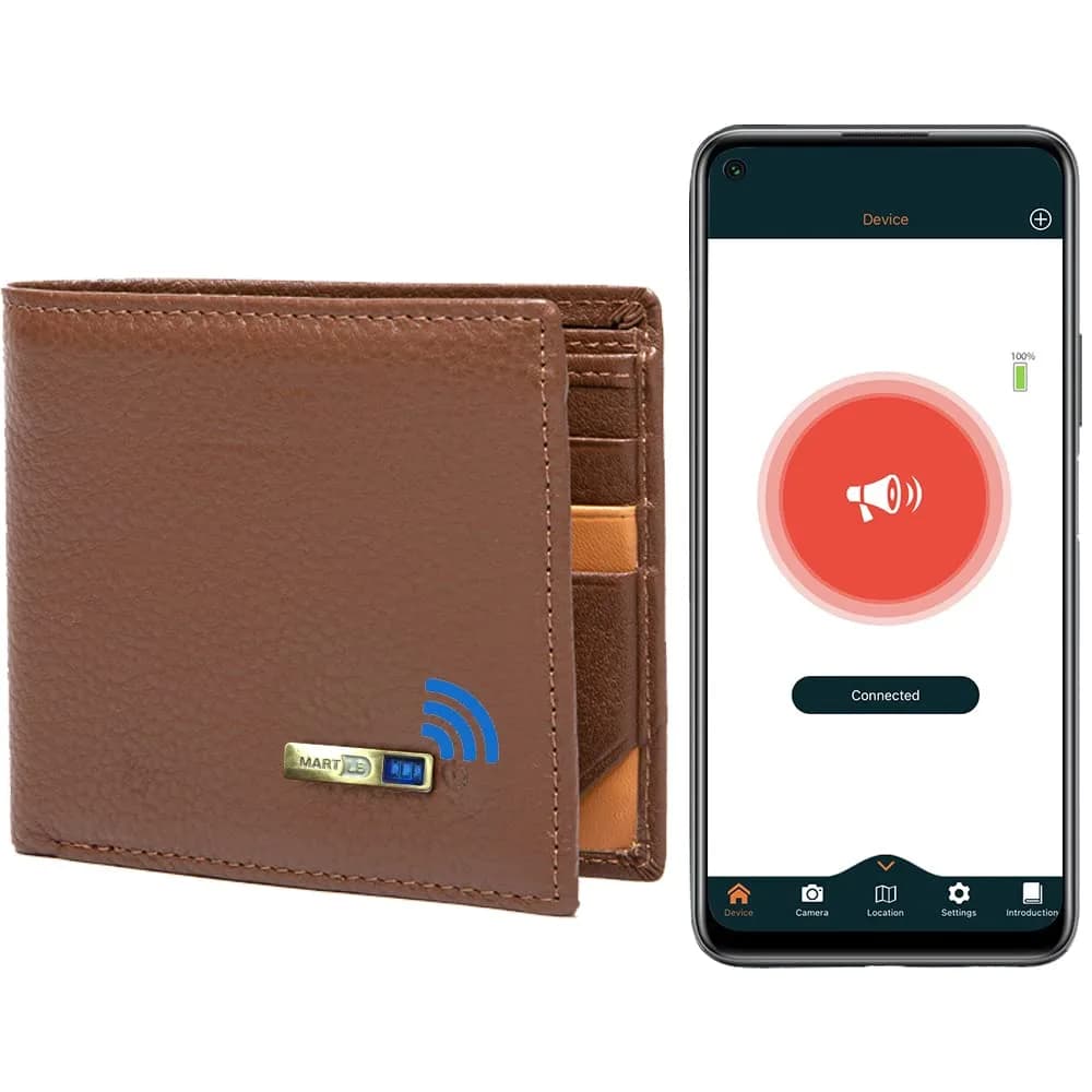 SMART LB Bluetooth Wallet Tracker & Finder with GPS Position Locator, Slim Minimalist Leather Card Holder (Red, Horizontal) — Brown