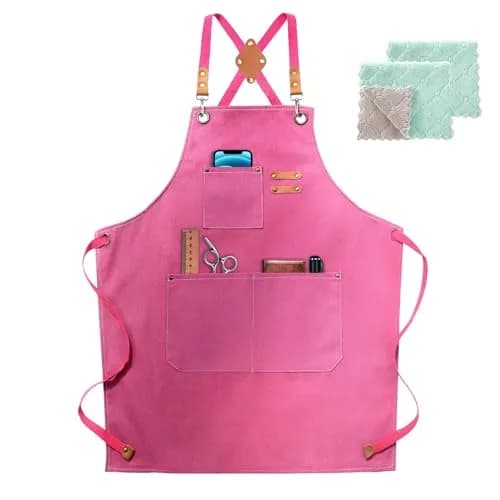 ZOMAO Apron for Women | Cotton Canvas Cross Back Apron with Pockets, Pink, Adjustable Strap (One Size) thumbnail 1