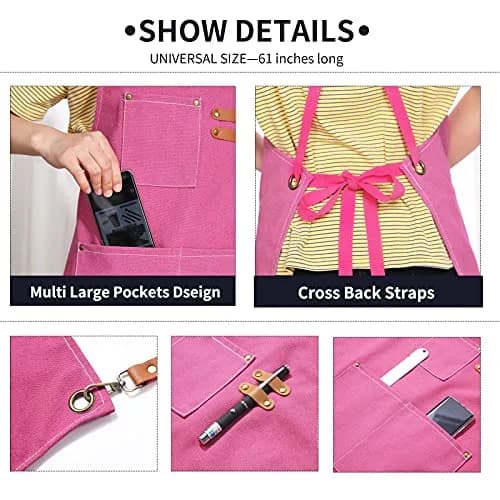 ZOMAO Apron for Women | Cotton Canvas Cross Back Apron with Pockets, Pink, Adjustable Strap (One Size) thumbnail 4