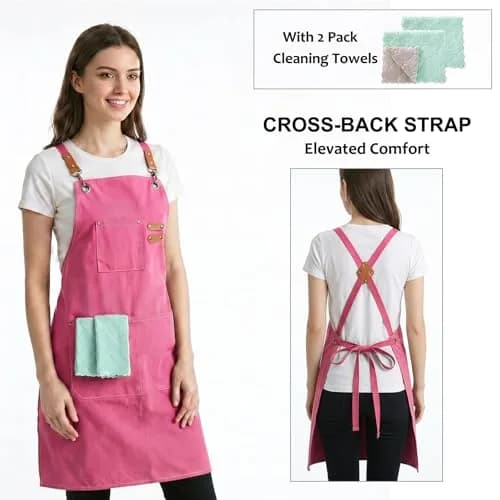ZOMAO Apron for Women | Cotton Canvas Cross Back Apron with Pockets, Pink, Adjustable Strap (One Size) thumbnail 2