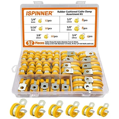 ISPINNER 52pcs Cable Clamps Assortment Kit, 304 Stainless Steel Rubber Cushion Pipe Clamps in 6 Sizes 1/4" 5/16" 3/8" 1/2" 5/8" 3/4" (Yellow) | Heavy-Duty Pipe & Cable Holders thumbnail 1