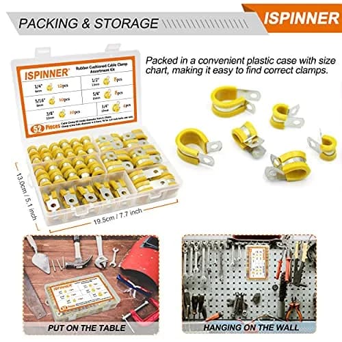 ISPINNER 52pcs Cable Clamps Assortment Kit, 304 Stainless Steel Rubber Cushion Pipe Clamps in 6 Sizes 1/4" 5/16" 3/8" 1/2" 5/8" 3/4" (Yellow) | Heavy-Duty Pipe & Cable Holders thumbnail 5
