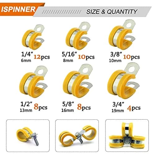 ISPINNER 52pcs Cable Clamps Assortment Kit, 304 Stainless Steel Rubber Cushion Pipe Clamps in 6 Sizes 1/4" 5/16" 3/8" 1/2" 5/8" 3/4" (Yellow) | Heavy-Duty Pipe & Cable Holders thumbnail 2