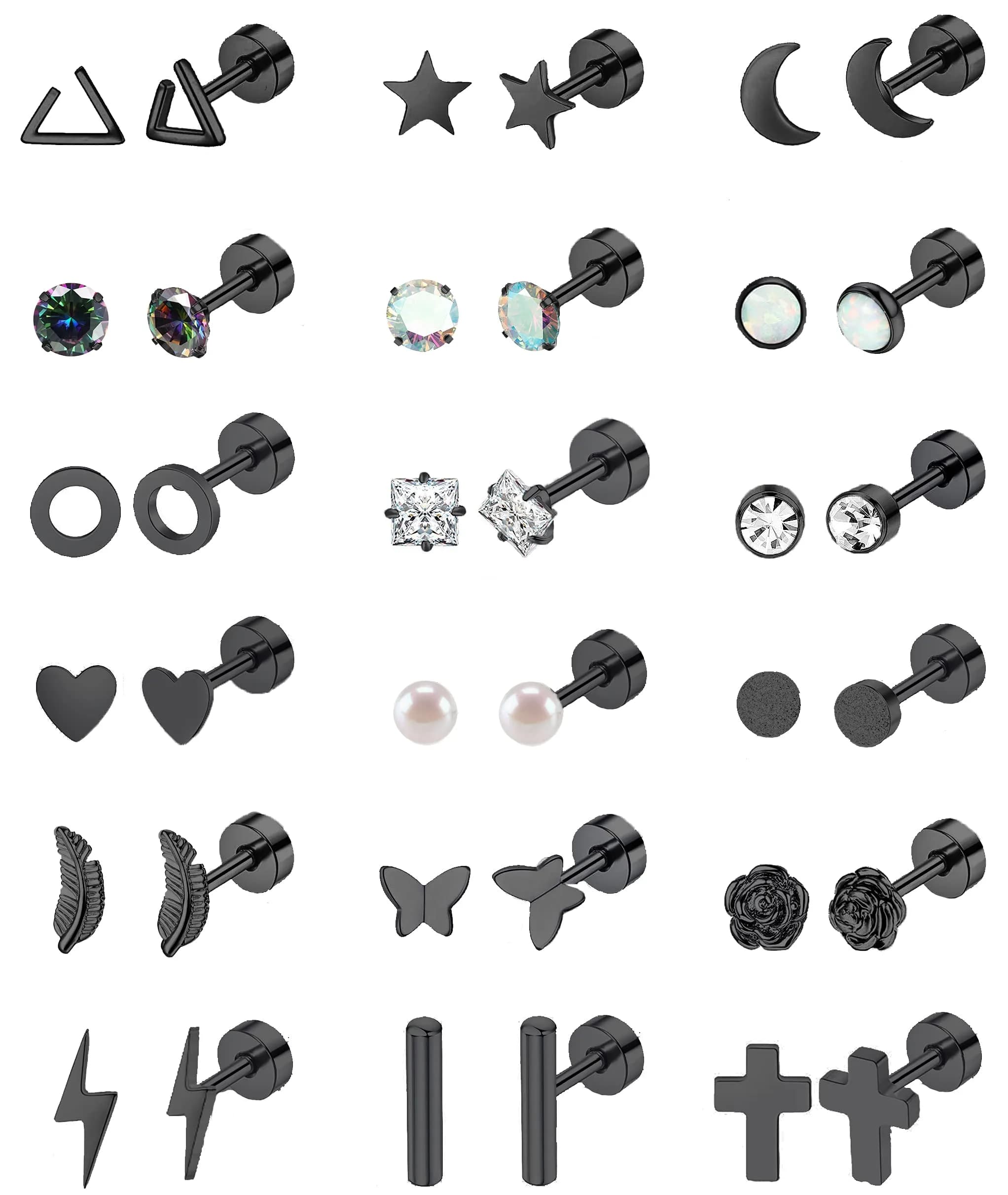 Staligue 18 Pairs Tiny Cartilage Stud Earrings | Stainless Steel, CZ, Flat Back, Unisex (Black) — Black