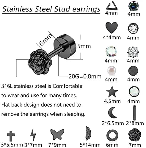 Staligue Hypoallergenic Flat Back Earrings Set – Surgical Steel, 18 Pairs, 20G, Nickel-Free, Geometric & CZ Styles thumbnail 2
