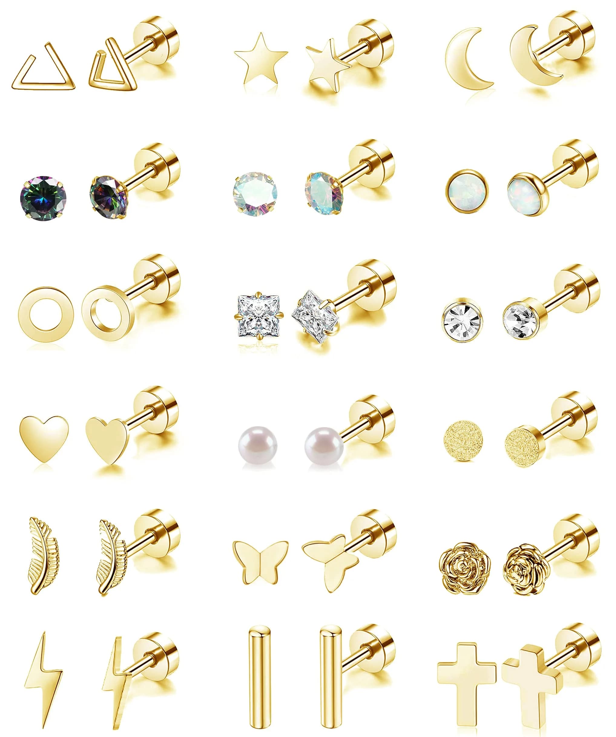 Staligue Hypoallergenic Flat Back Earrings Set – Surgical Steel, 18 Pairs, 20G, Silver/Gold/Rose Gold - main product image