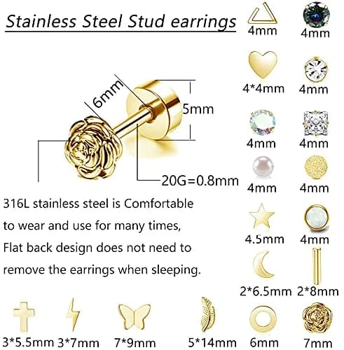 Staligue Hypoallergenic Flat Back Earrings Set – Surgical Steel, 18 Pairs, 20G, Silver/Gold/Rose Gold thumbnail 2