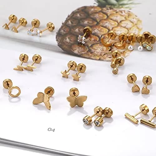 Staligue Hypoallergenic Flat Back Earrings Set – Surgical Steel, 18 Pairs, 20G, Silver/Gold/Rose Gold thumbnail 3
