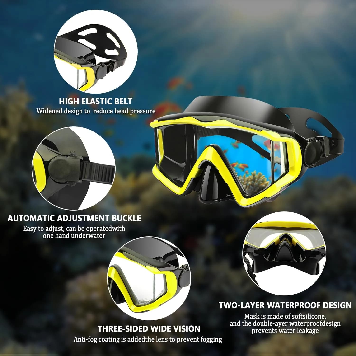 AQUA A DIVE SPORTS Adult Yellow Black Single Lens Diving Mask | 180° Wide View Anti-Fog - view 4