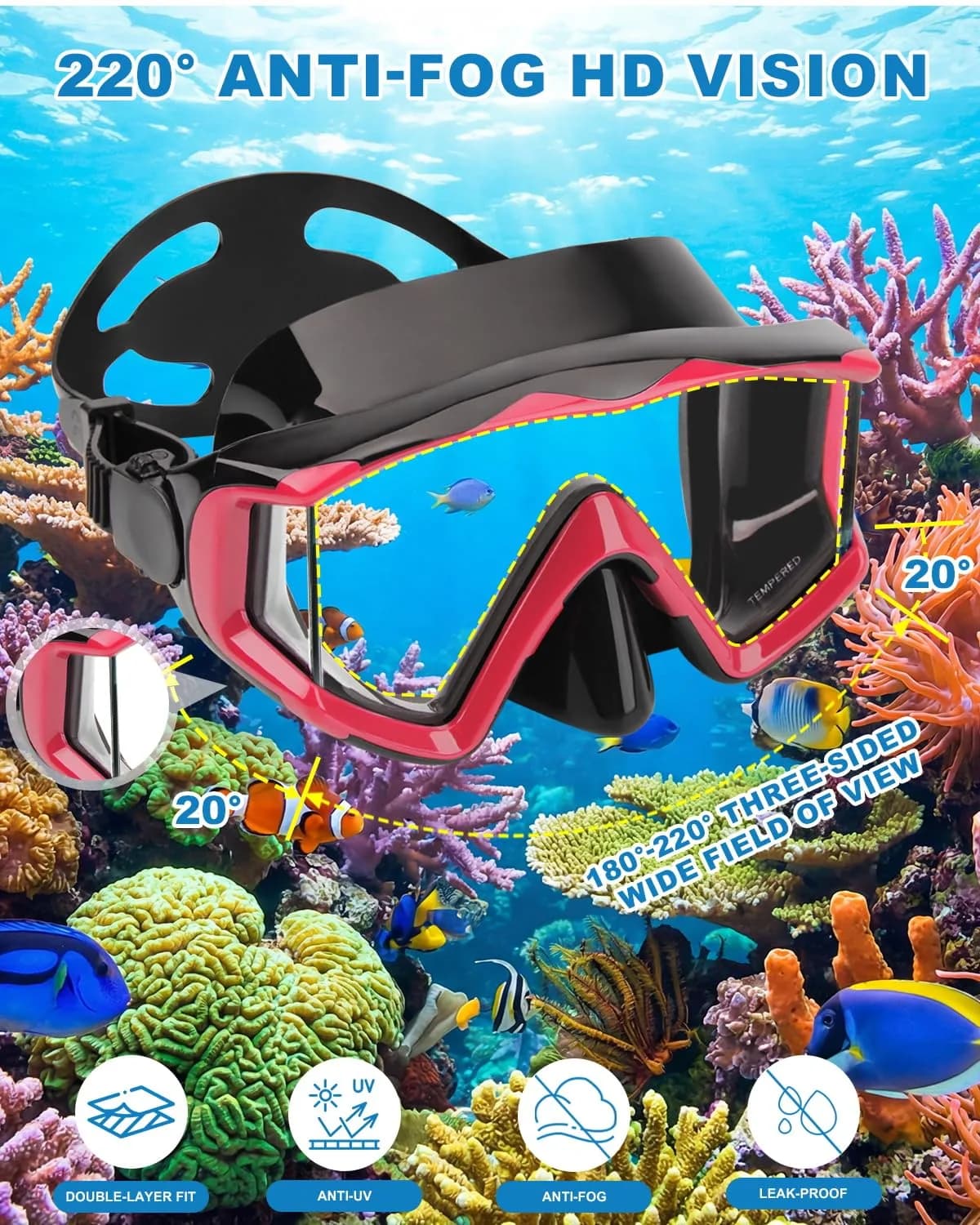 AQUA A DIVE SPORTS Red Adult Single Lens Diving Mask | 180° Wide View Anti-Fog - view 3