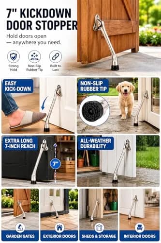 HOME&I 7" Kick Down Door Stopper, Extended Reach Zinc Alloy Door Stop with Leaf Spring & Non-Slip Rubber Foot thumbnail 4