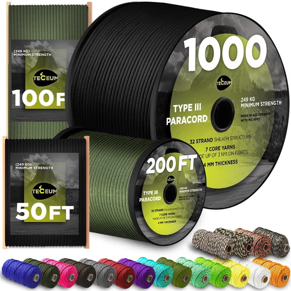 TECEUM Paracord Rope Type III 550 | MIL-SPEC Outdoor Tactical Cord, 100 ft — Black