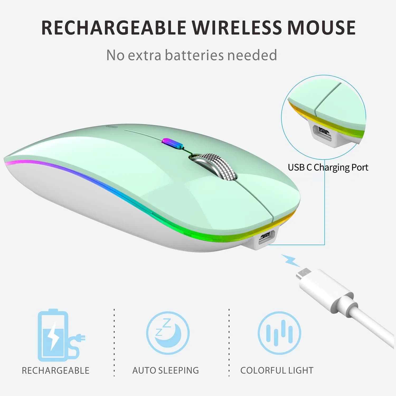 Uiosmuph G12 Wireless Mouse | Rechargeable, Silent, USB-C, 1600 DPI, Mint Green - view 6
