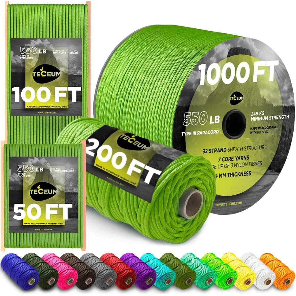 TECEUM Paracord Rope Type III 550 – Tactical MIL-SPEC – 30.5m (100 ft) Fluo Green | Strong Survival Utility Rope — Fluo Green