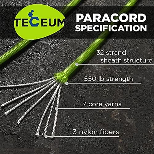 TECEUM Paracord Rope Type III 550 – Tactical MIL-SPEC – 30.5m (100 ft) Fluo Green | Strong Survival Utility Rope thumbnail 2