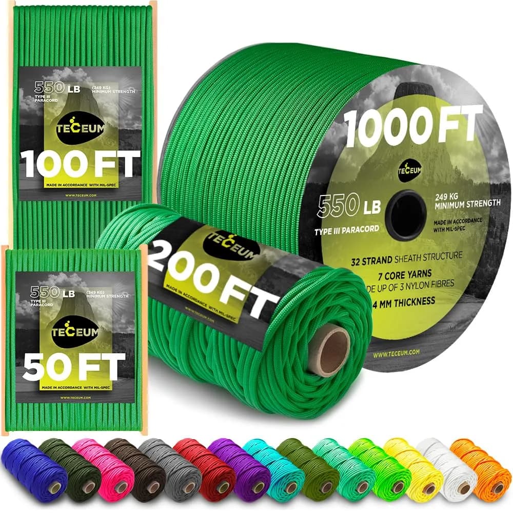 TECEUM Type III 550 Paracord Rope 30.5 m (100 ft) Green | MIL-SPEC Tactical Survival Utility Cord
