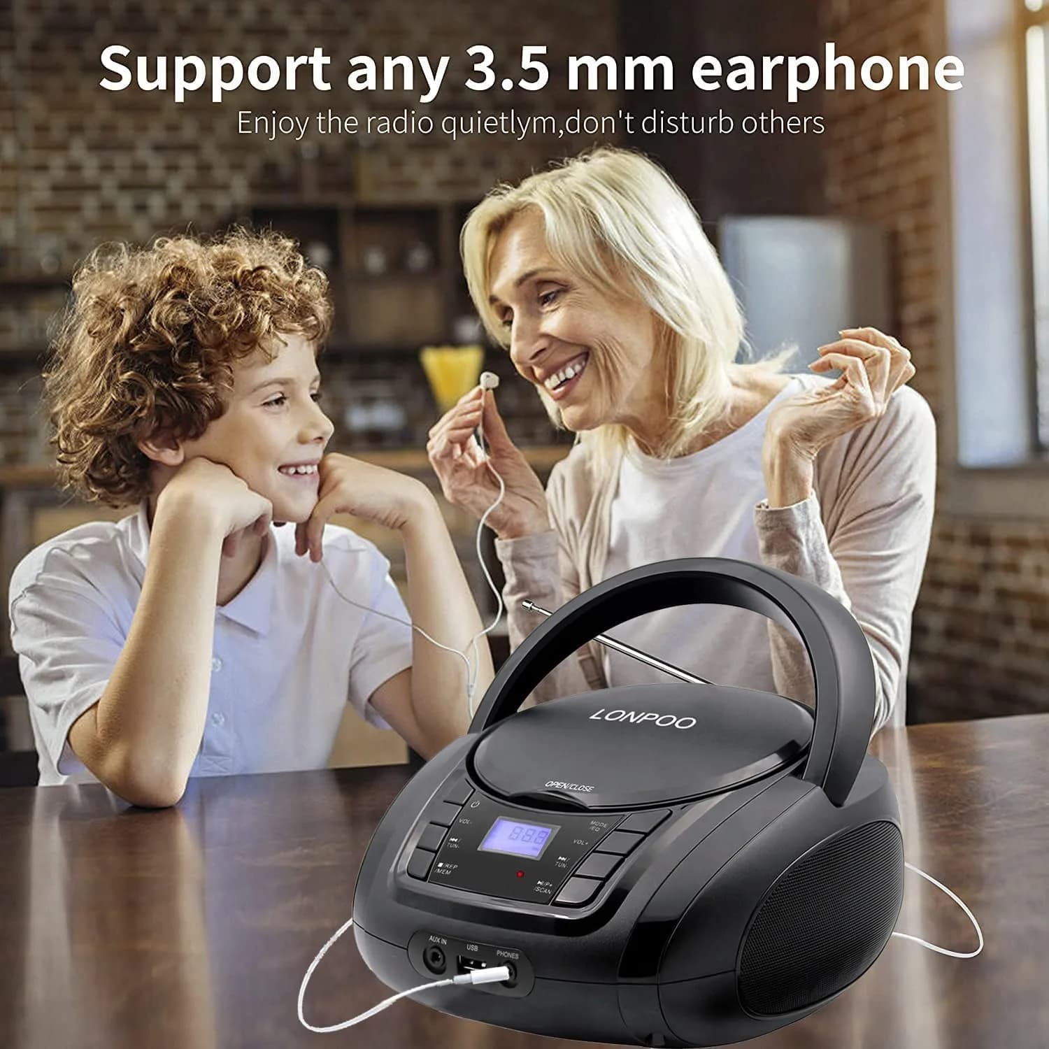 LONPOO Portable CD Player with Bluetooth, USB, AUX, FM Radio, 2.5 lbs (1.13 kg) | Retro Boombox with Stereo Speakers - view 5