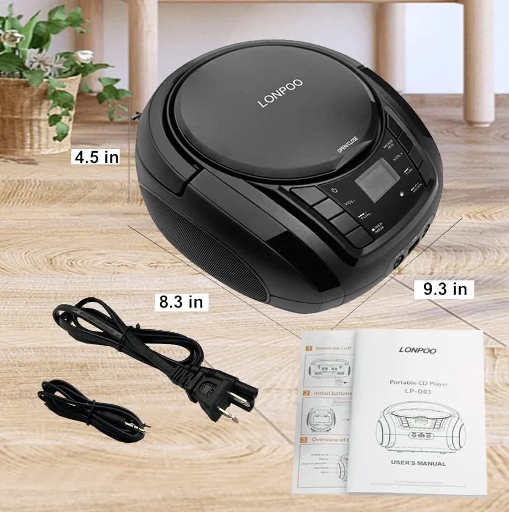 LONPOO Portable CD Player with Bluetooth, USB, AUX, FM Radio, 2.5 lbs (1.13 kg) | Retro Boombox with Stereo Speakers - view 6