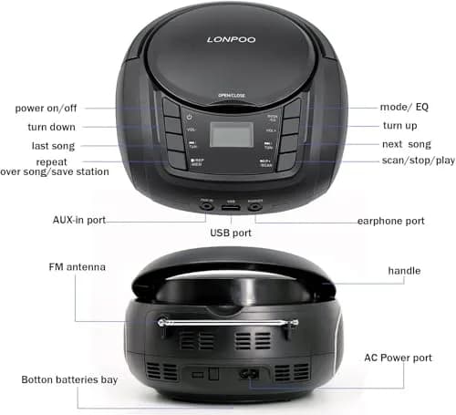 LONPOO Portable CD Player with Bluetooth, USB, AUX, FM Radio, 2.5 lbs (1.13 kg) | Retro Boombox with Stereo Speakers thumbnail 7