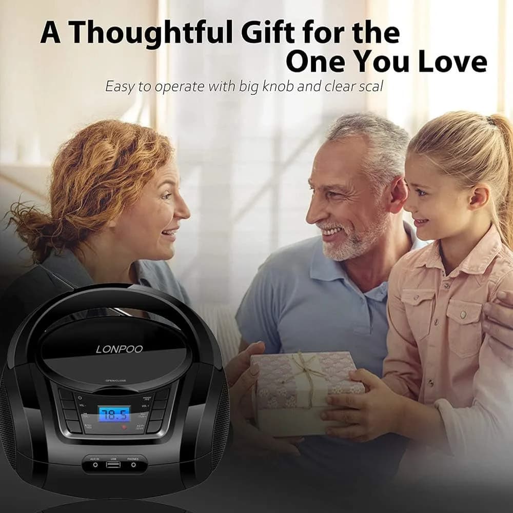 LONPOO Portable CD Player with Bluetooth, USB, AUX, FM Radio, 2.5 lbs (1.13 kg) | Retro Boombox with Stereo Speakers - view 8