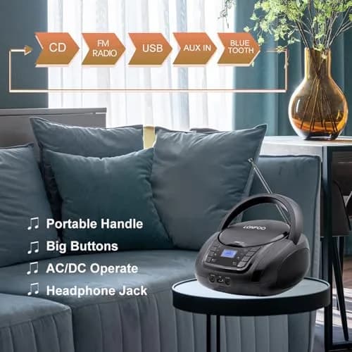 LONPOO Portable CD Player with Bluetooth, USB, AUX, FM Radio, 2.5 lbs (1.13 kg) | Retro Boombox with Stereo Speakers thumbnail 2