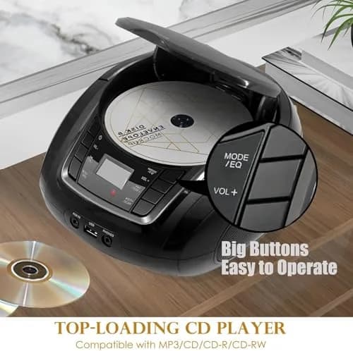 LONPOO Portable CD Player with Bluetooth, USB, AUX, FM Radio, 2.5 lbs (1.13 kg) | Retro Boombox with Stereo Speakers thumbnail 3