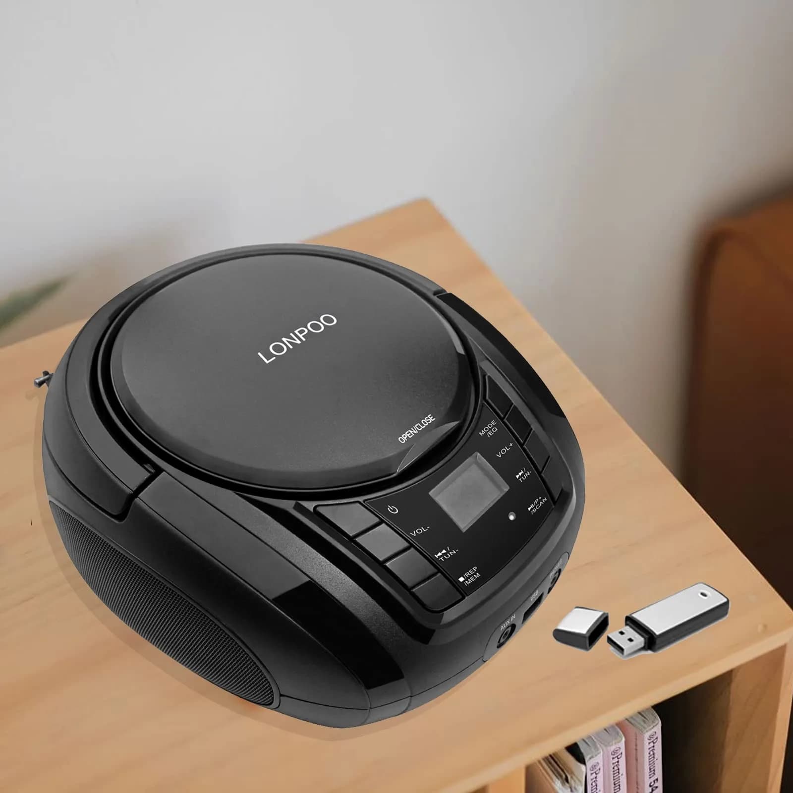 LONPOO Portable CD Player with Bluetooth, USB, AUX, FM Radio, 2.5 lbs (1.13 kg) | Retro Boombox with Stereo Speakers - view 4
