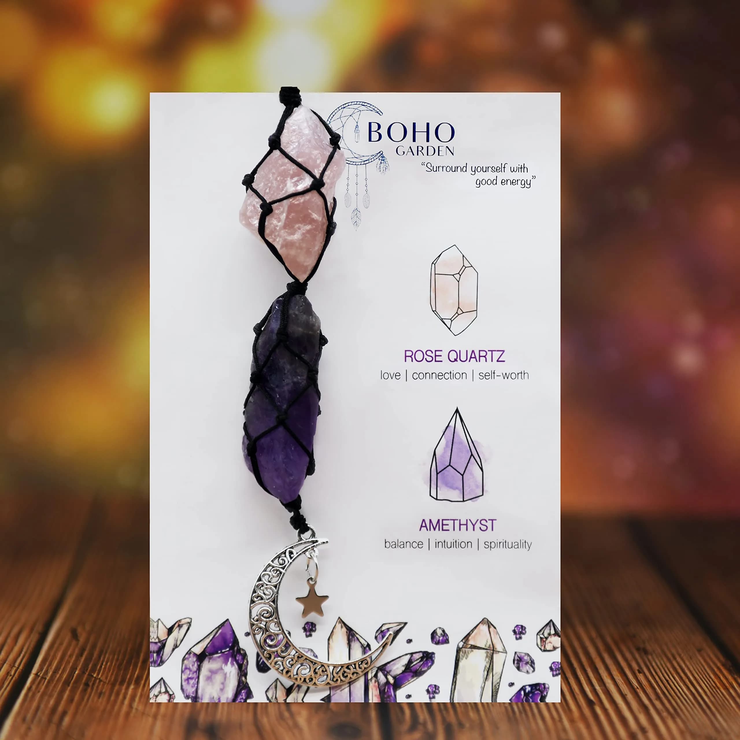 BOHO GARDEN Car Charm for Rear View Mirror - Rose Quartz & Amethyst | Handmade Crystals for Positive Energy thumbnail 2