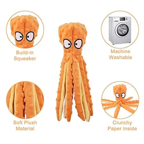 WishLotus Octopus Dog Chew Toy, No Stuffing Plush Dog Squeaky Toy with Crinkle Paper in Legs, Corduroy Interactive Dogs Play Teething Toys for Small, Medium Dogs (Orange) thumbnail 3