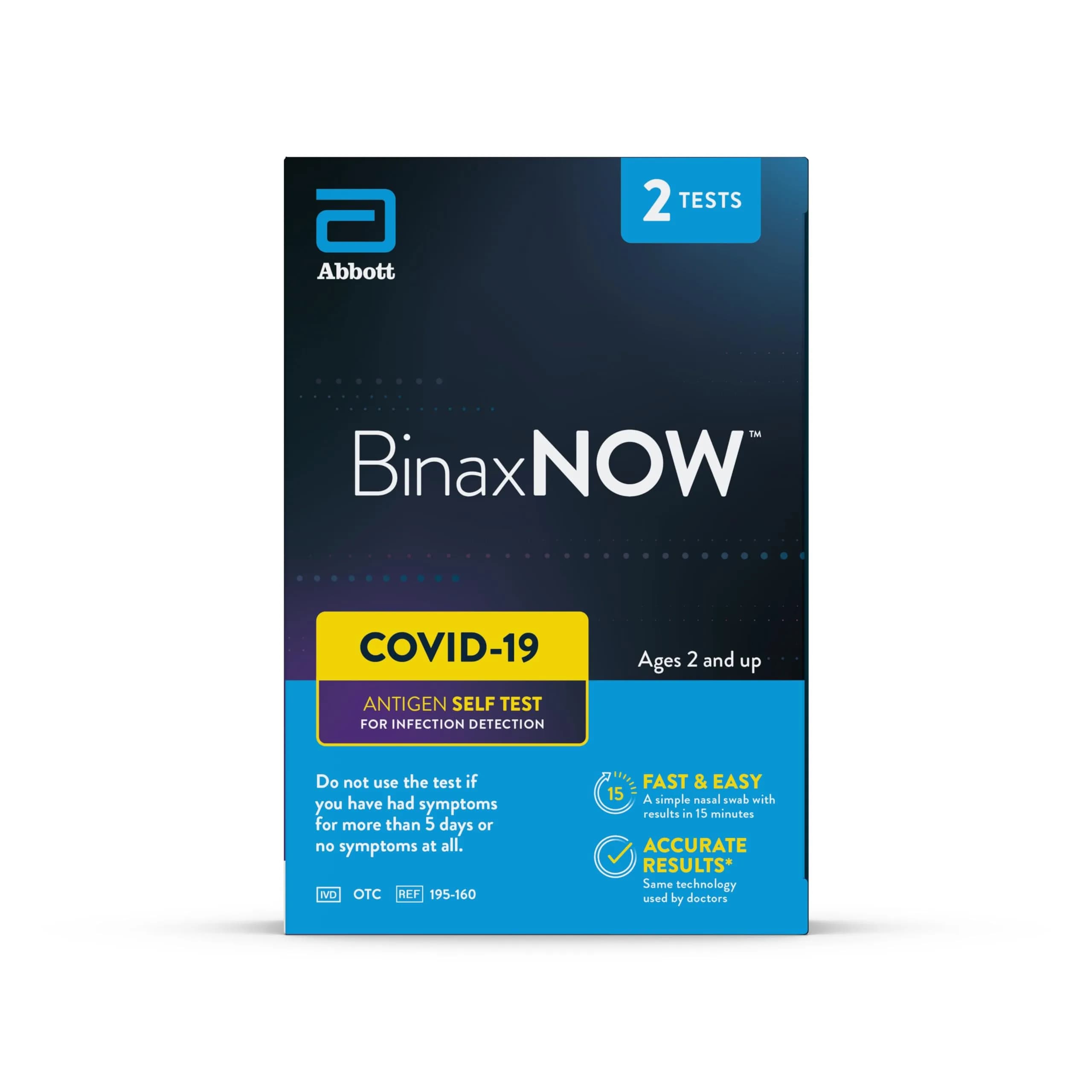 BinaxNOW COVID-19 Antigen Self Test, 1 Pack, 2 Tests | Rapid 15-Minute Results for Home Use — 2 Tests