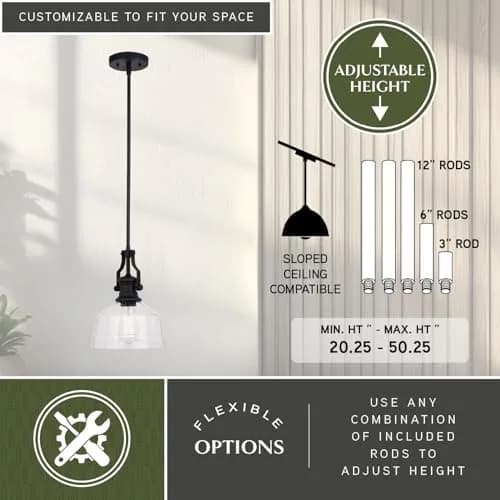 VAXCEL Beloit Mini Pendant for Kitchen Island, Farmhouse Style, Matte Black Finish, Clear Glass | Dimmable Ceiling Light thumbnail 5