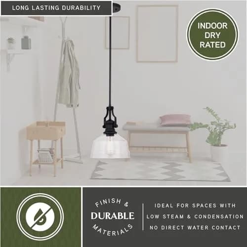 VAXCEL Beloit Mini Pendant for Kitchen Island, Farmhouse Style, Matte Black Finish, Clear Glass | Dimmable Ceiling Light thumbnail 6