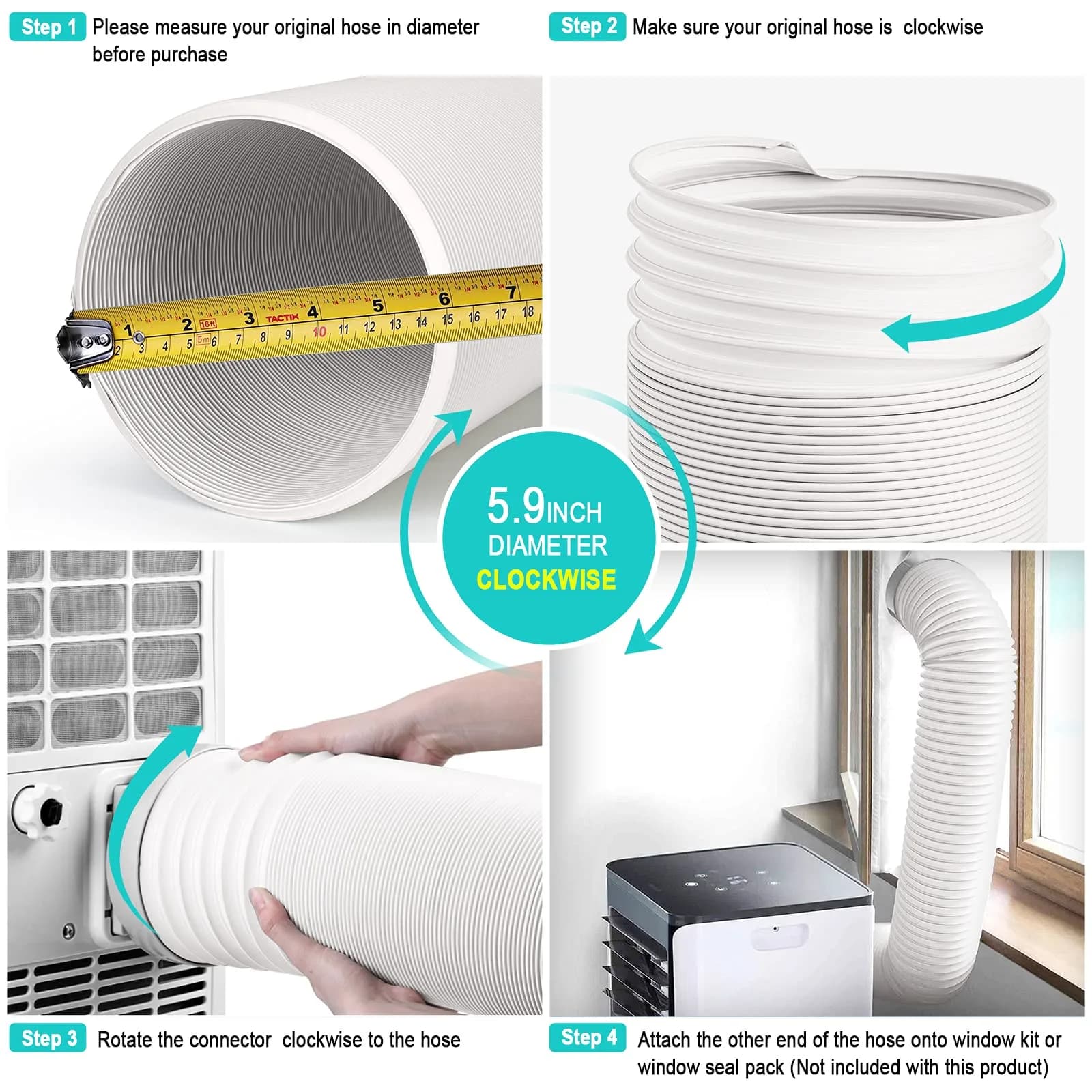 Jin&Bao 5.9" (6") AC Exhaust Hose 78.7" Universal CW Thread Replacement | Heat-Resistant Polypropylene & Stainless Steel - view 4