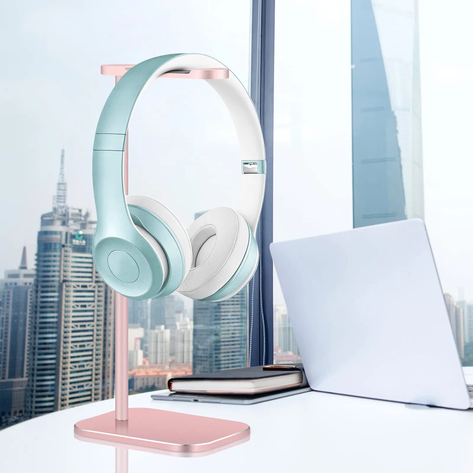 SHUOSUO Aluminum Headphone Stand with Solid Metal Base, Rose Gold | Desk Organizer for Most Headphones - view 2