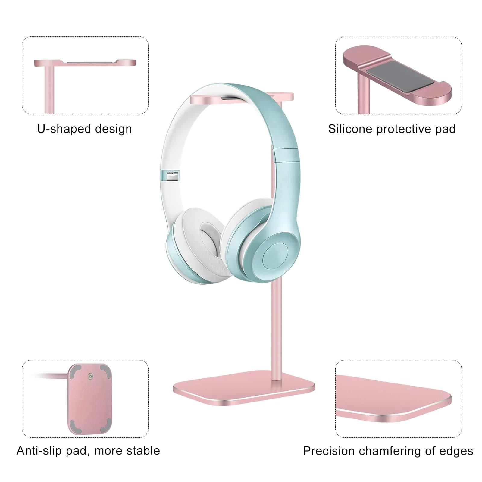 SHUOSUO Aluminum Headphone Stand with Solid Metal Base, Rose Gold | Desk Organizer for Most Headphones - view 4