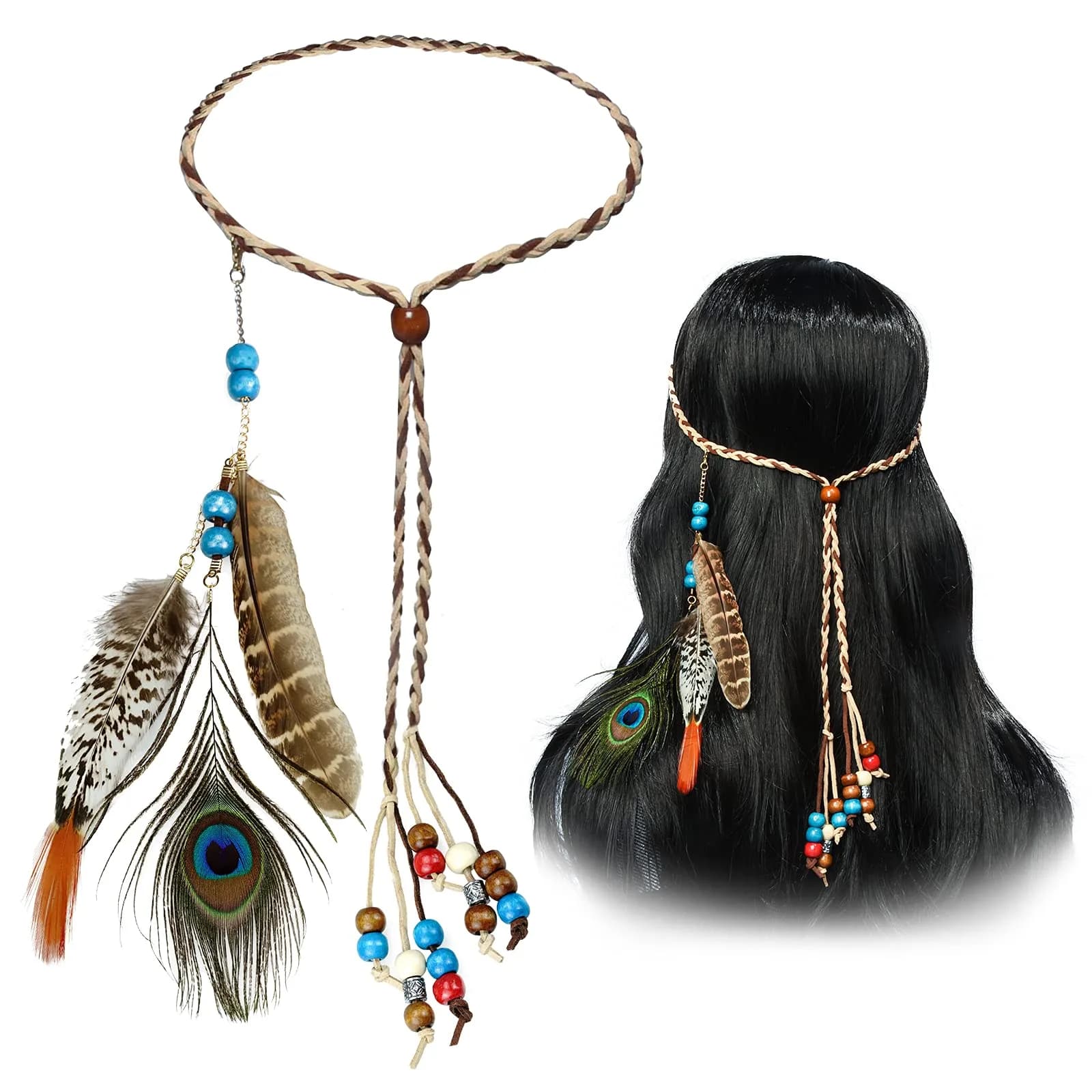 obmwang Boho Feather Headbands Indian Feather Headband Peacoak Headpieces Festival Costumes Hair Accessories for Women and Girls | Boho Chic Summer Accessory — Colorful