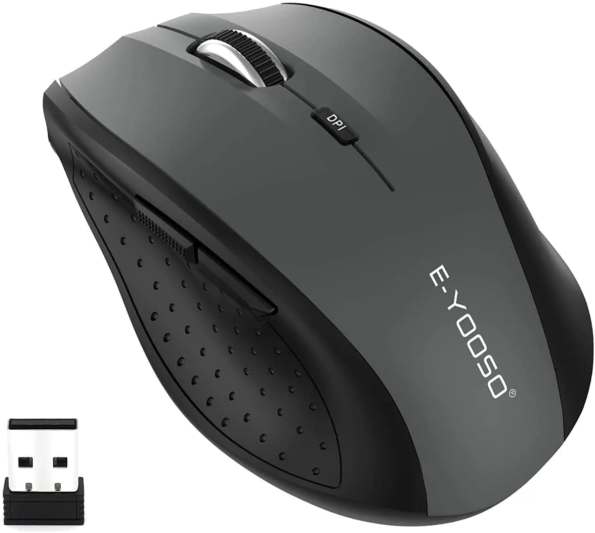E-YOOSO Wireless Mouse for Laptop, Portable Optical Computer Mouse, 6 Buttons, 2.4GHz, 5-Level 4800 DPI, 18 Months Battery Life — Gray