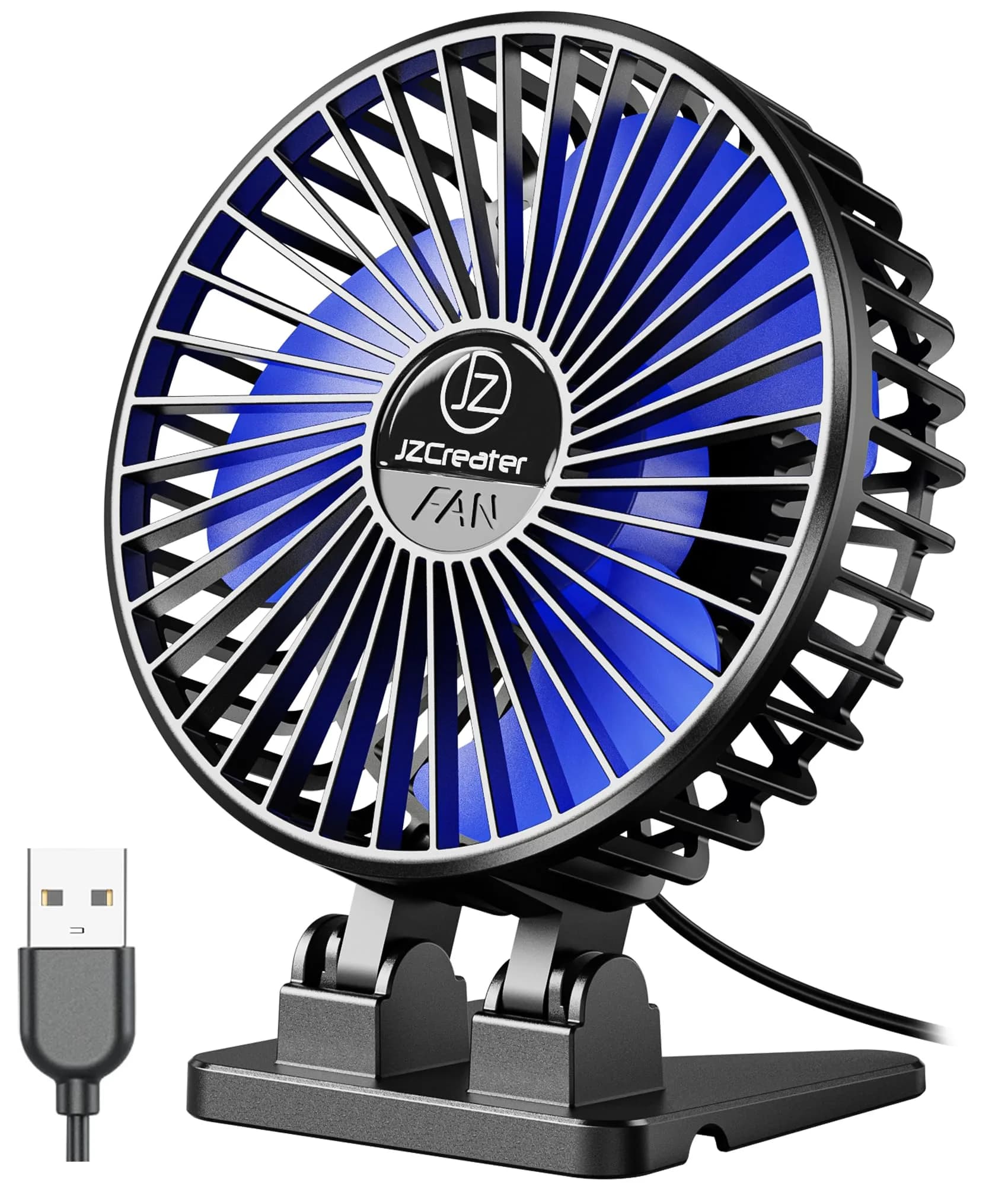 JZCreater USB Desk Fan, Mini Portable Fans, 3 Speeds, Black Blue | Strong Wind & Quiet Personal Cooling — Black Blue