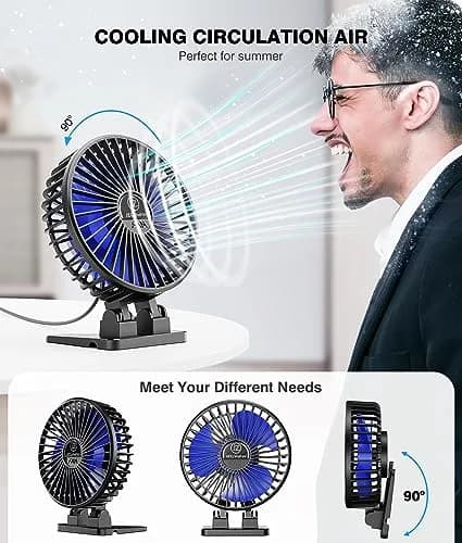 JZCreater USB Desk Fan, Mini Portable Fans, 3 Speeds, Black Blue | Strong Wind & Quiet Personal Cooling thumbnail 4