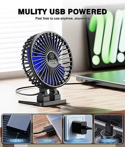 JZCreater USB Desk Fan, Mini Portable Fans, 3 Speeds, Black Blue | Strong Wind & Quiet Personal Cooling thumbnail 5