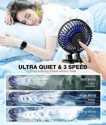 JZCreater USB Desk Fan, Mini Portable Fans, 3 Speeds, Black Blue | Strong Wind & Quiet Personal Cooling thumbnail 3