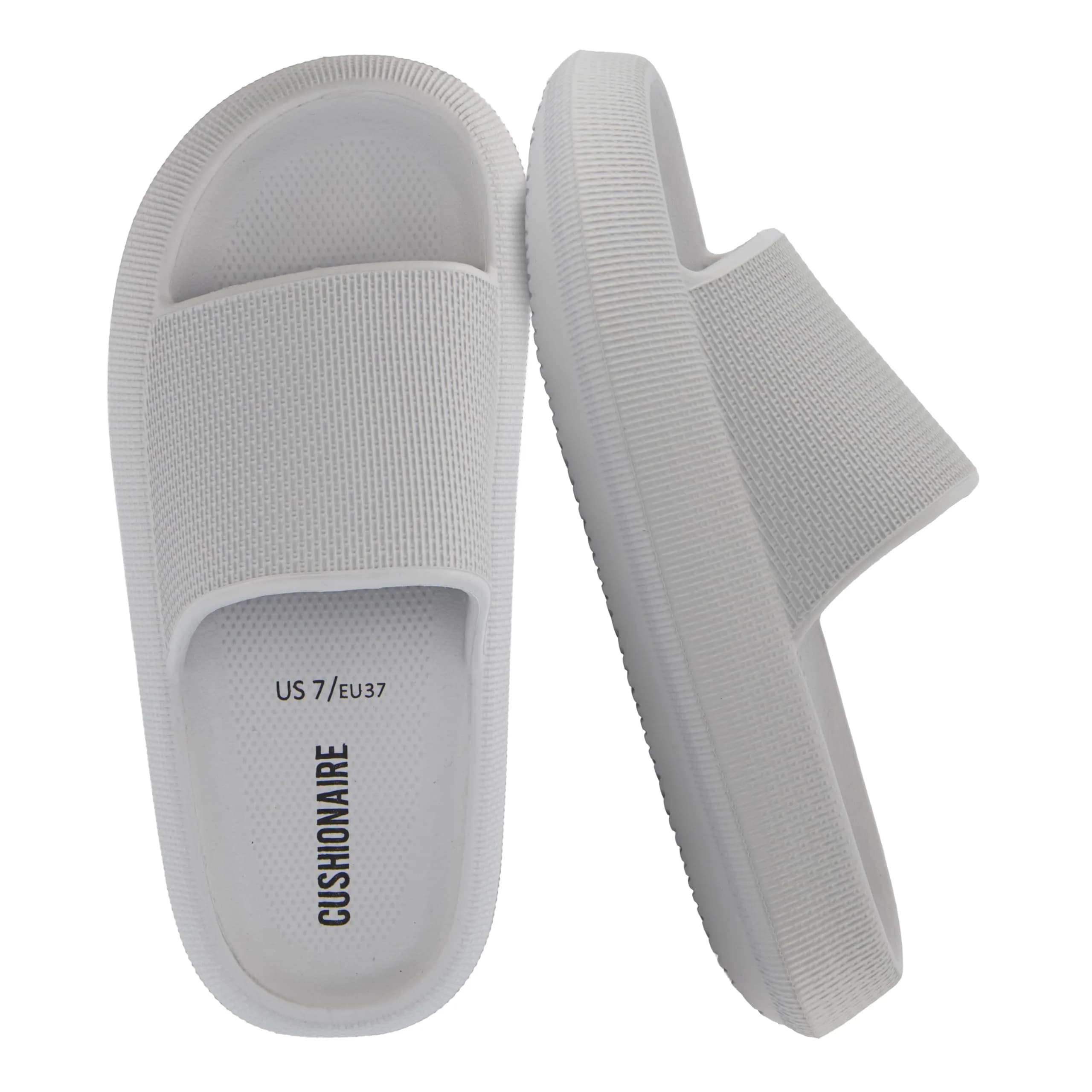 CUSHIONAIRE Feather EVA Slides for Women – Comfortable Slip On Womens Slippers, Indoor Outdoor Shower Shoes, Beach Essential Cloud Slides, Light Gray 6 — Lt. Grey / 6