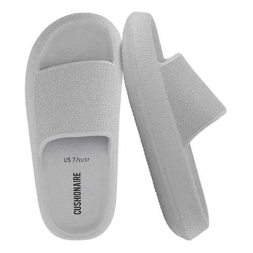 CUSHIONAIRE Feather EVA Slides for Women – Comfortable Slip On Womens Slippers, Indoor Outdoor Shower Shoes, Beach Essential Cloud Slides, Light Gray 6 thumbnail 1