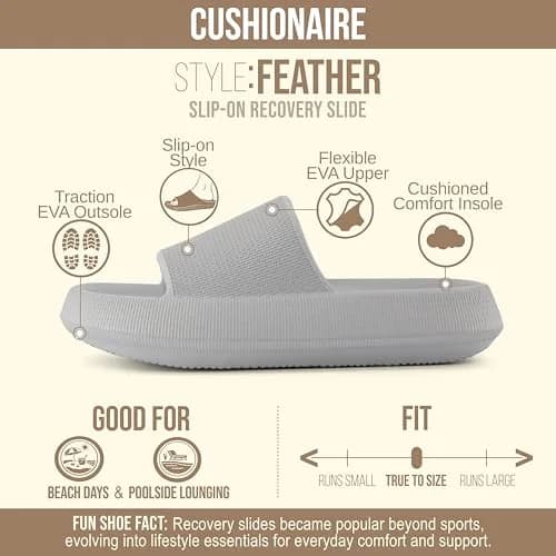 CUSHIONAIRE Feather EVA Slides for Women – Comfortable Slip On Womens Slippers, Indoor Outdoor Shower Shoes, Beach Essential Cloud Slides, Light Gray 6 thumbnail 4
