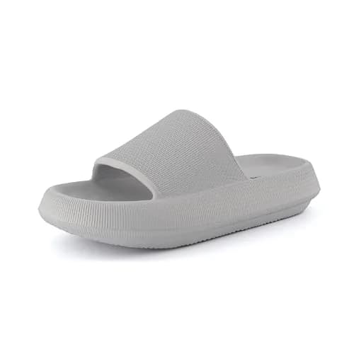 CUSHIONAIRE Feather EVA Slides for Women – Comfortable Slip On Womens Slippers, Indoor Outdoor Shower Shoes, Beach Essential Cloud Slides, Light Gray 6 thumbnail 9